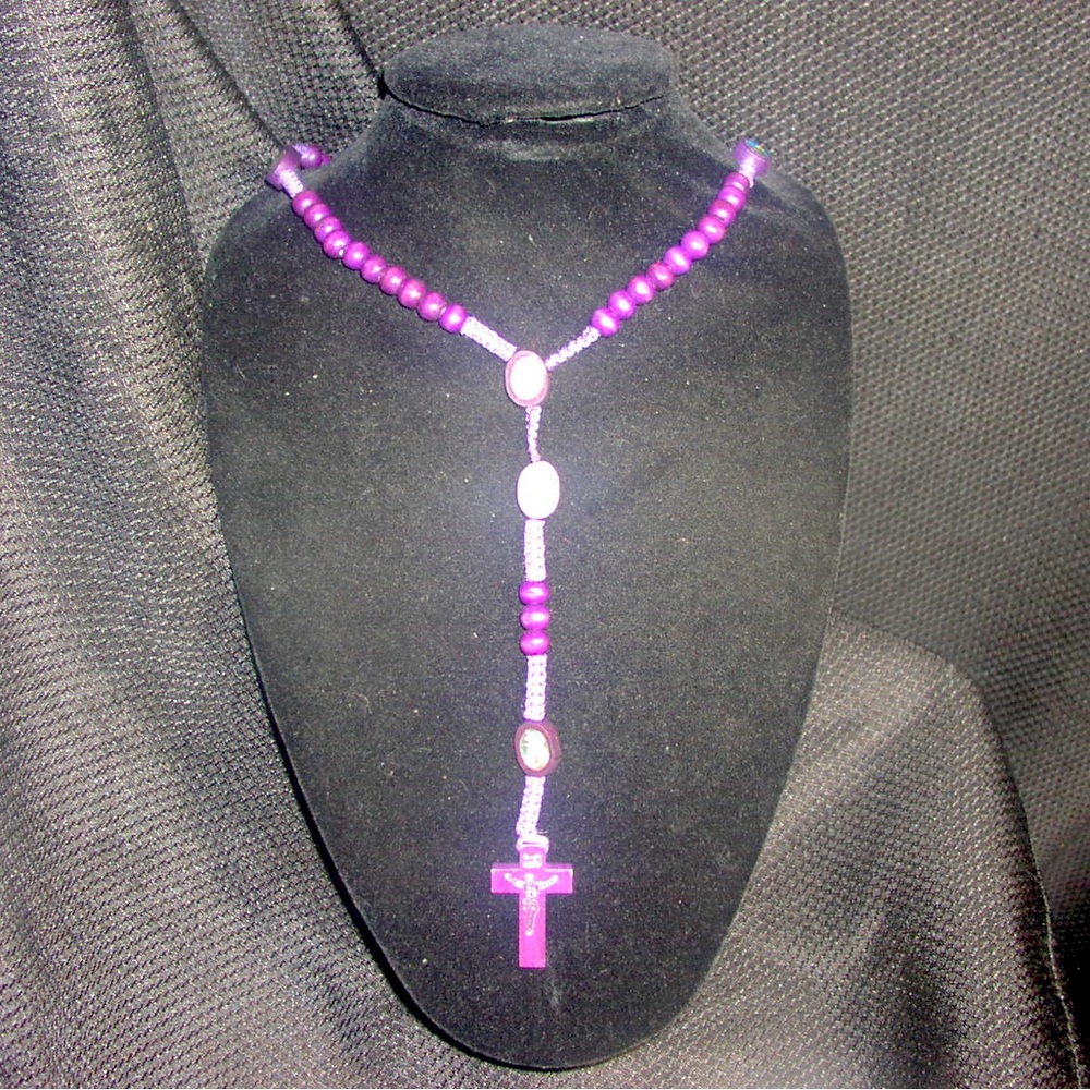 Wooden Purple Rosary with Crucifixion and Mini Religious Figures.